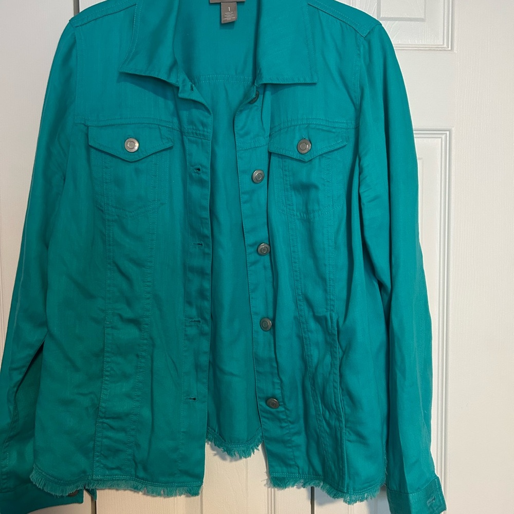 Chicks Teal Button-Up Jacket with fringe detail. Size 1